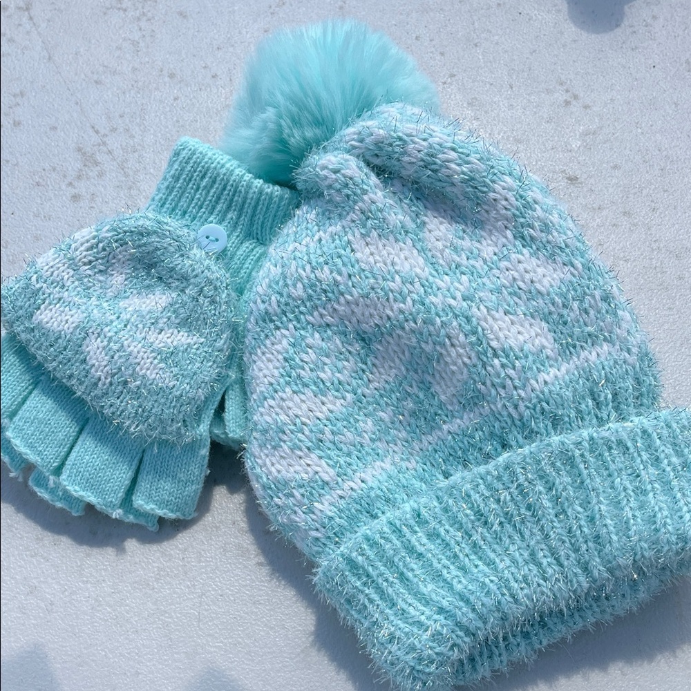Aqua Knit Hat and Mittens Set for Kids